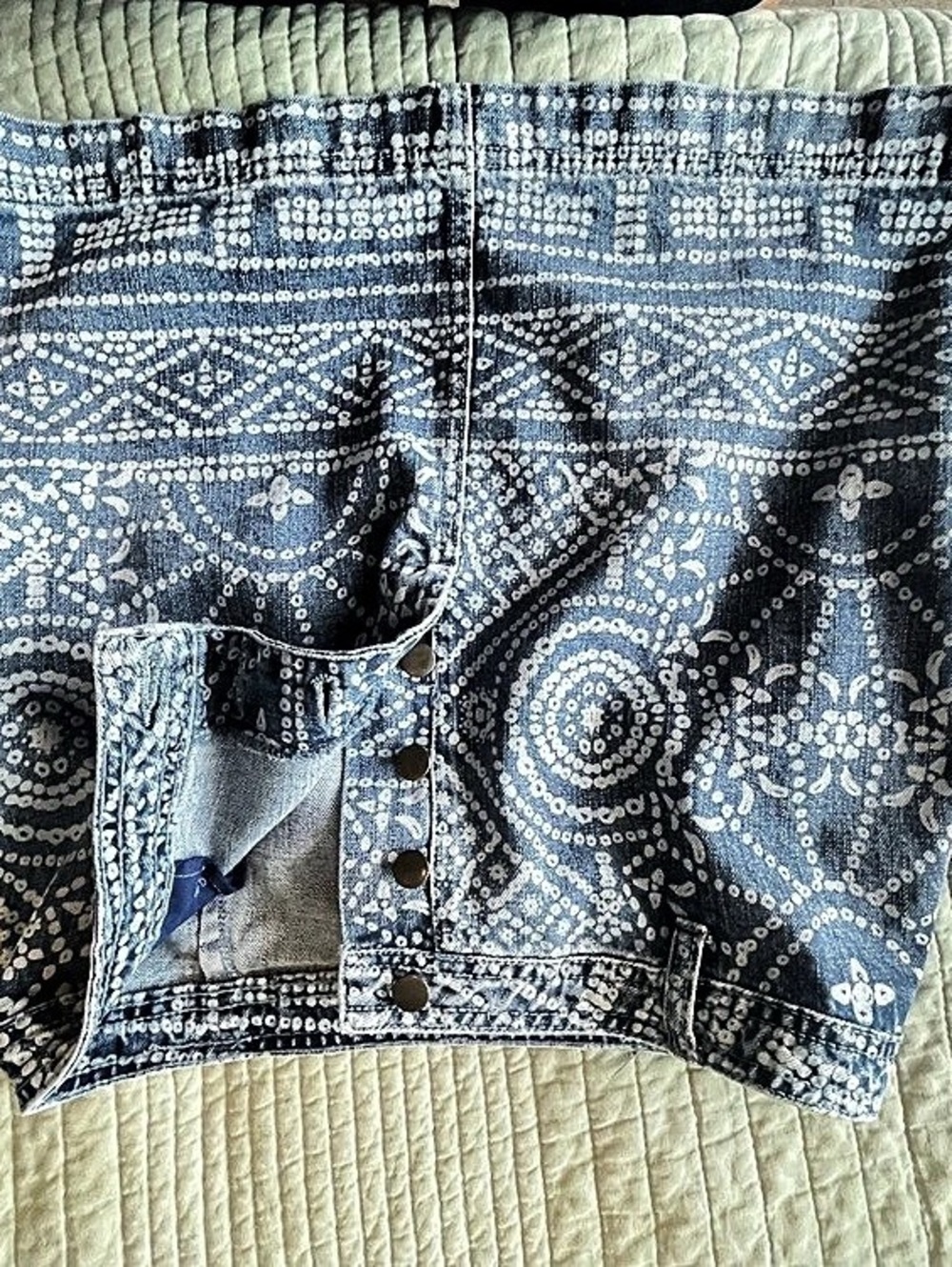 Free People. Paisley Denim Jean Shorts in Blue & White